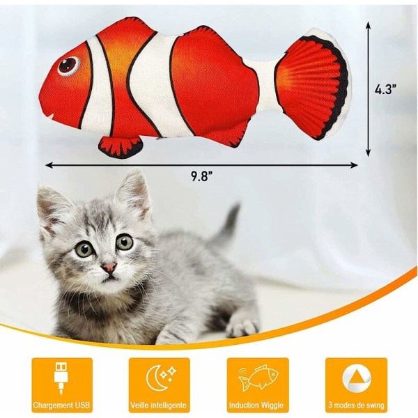 Katt leksaker, fisk leksak med kattmynta interaktiv fisk elektronisk katt leksaker rörlig simulering USB uppladdningsbar med kattmynta (clownfisk)