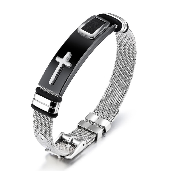 Justerbart armband i stålmesh graverat med korsmönster rutigt W