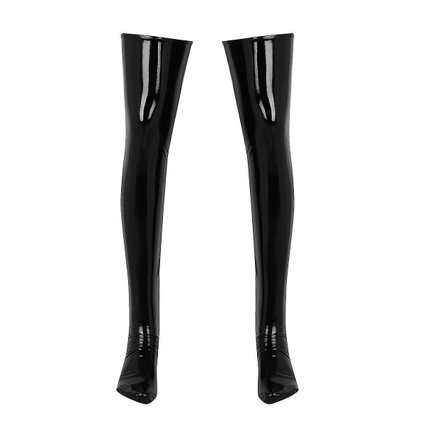 Antiskrid blød PVC læder lårhøje fodformede herre latex lange sokker（Sort M）
