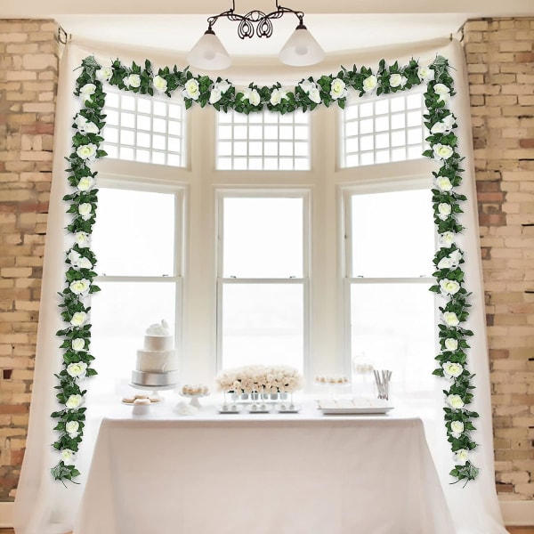 2 pakker med kunstige roseranker (2,2 m hvit), falsk blomsterkunst, utendørs innendørs hengende dekorasjon, hjemmekjøkken, hage, kontor, bryllup, hotell, fest