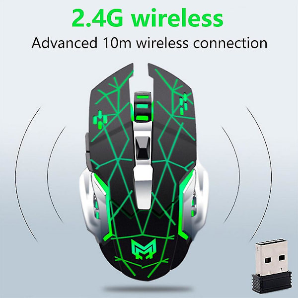 Uppladdningsbar 2,4 GHz trådlös spelmus med USB-mottagare, 7 färger bakgrundsbelyst