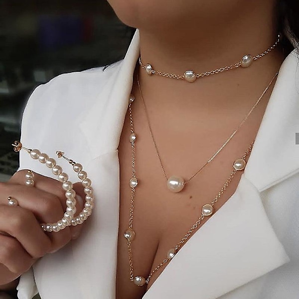 Halsband för kvinnor, skivhänge, flerskiktshalsband med pärlor och mynt, delikat lager-på-lager-halsband, smycken