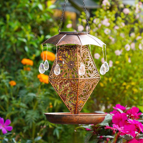 Järnsolcellsmatare för fåglar, marklampa, paraply, dropp-dropp, trädgård, innergård, utomhusdekorationer, innergårdssoda (brun)