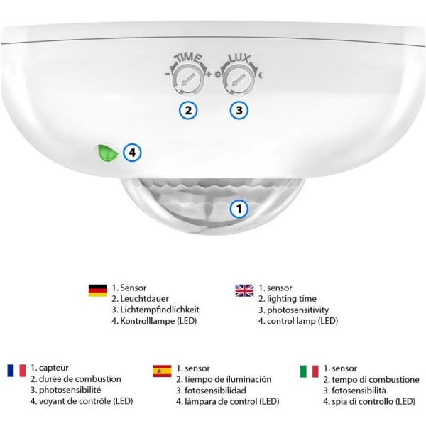 Delar Infraröd Rörelsesensor Inomhus Takmontering Ljuskontroll 360° Arbetsområde 6m Räckvidd Inbyggd Ljussensor Vit, 115x60mm