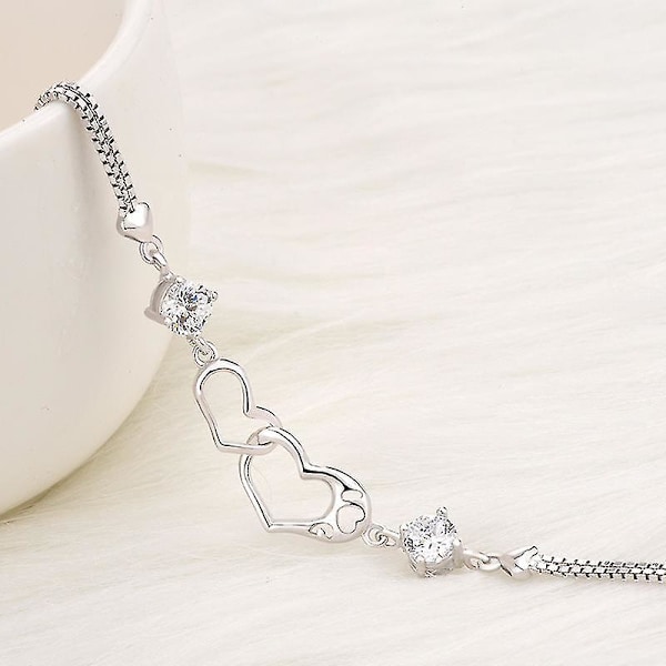 S925 Sterling Sølv Dobbelt Hjerte Interlocking Armbånd Kvinders Mode