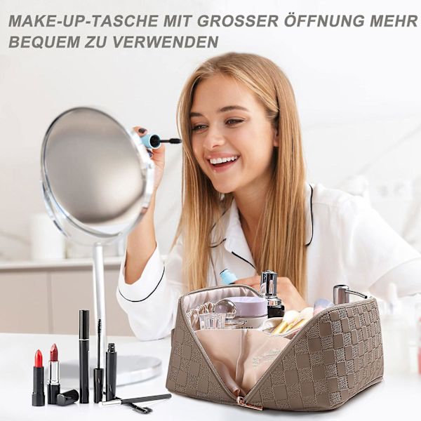 Stor Kosmetisk Taske til Rejser - Makeup Taske, bærbar PU Læder Vandtæt Kosmetisk Taske til Kvinder（mørkebrun）