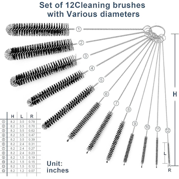 Sett med 12 strårensere, 8,2 tommers flaskerenserbørste og nylonrørbørstebørste for drikkekopp, drikkebeger, vannflaske, drikkehalm