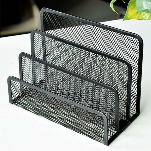 Brevställ med 3 fack, brevkorg i metallnät, för dokument, papper, brev, svart