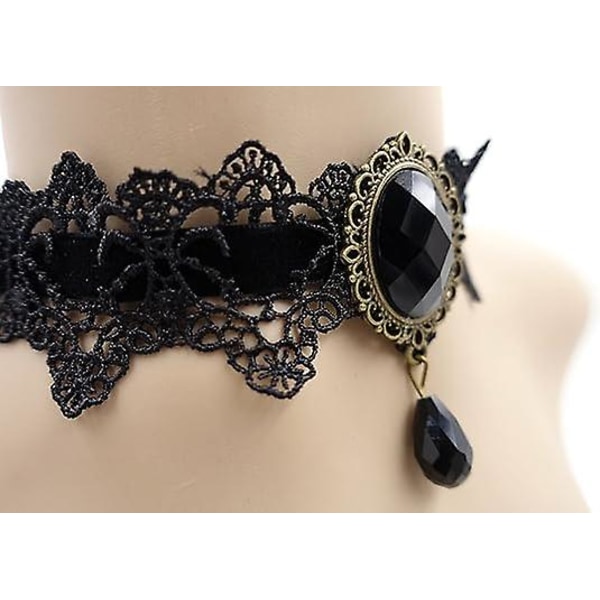 Vintage Handcraft Lace Royal Court Vampire Halsband Gotisk Halsband Armband Svart Hänge Kedja, Syntetisk