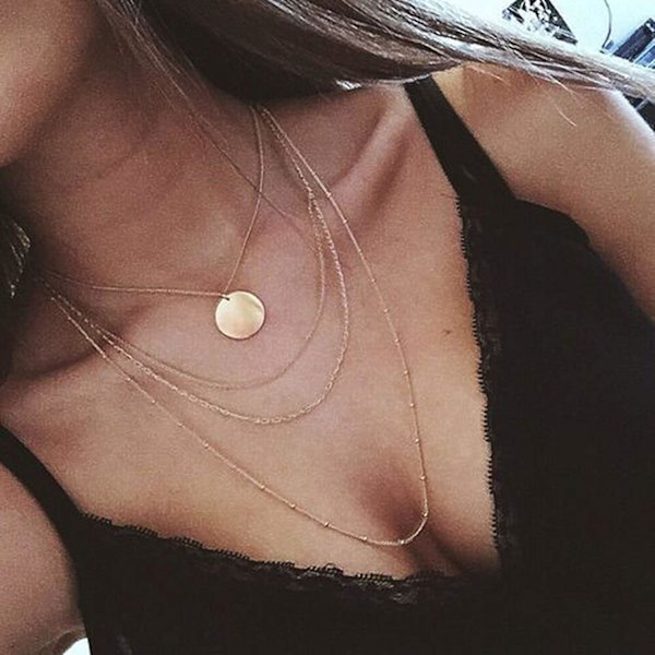 Boho Guld Flerskiktat Paljetthalsband Tassel Kedja Fin Stort Myntskiva Hänge Skiktat Halsband