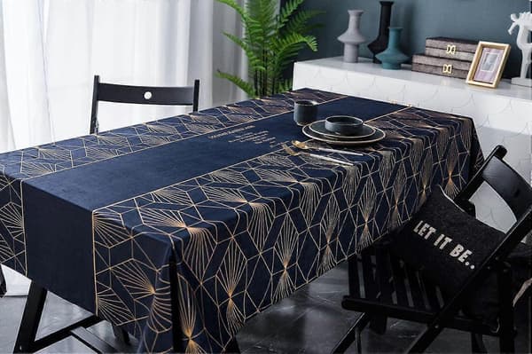 Blå rektangulär bordsduk i sammet, guldmönstrad bordsduk i tryckt polyester, restaurangbordsduk, julbordsduk, 140x200cm