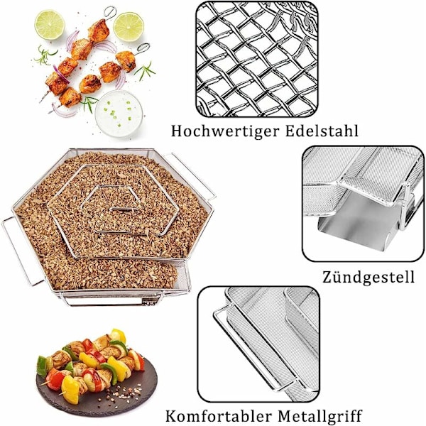 Kallrökgenerator Hexagonal Rostfritt Stål Kallrökgenerator med 1 Par Grillhandskar för Kittel, BBQ, Ugn Rökare, 22.5 x 21.5 x 5.0 cm