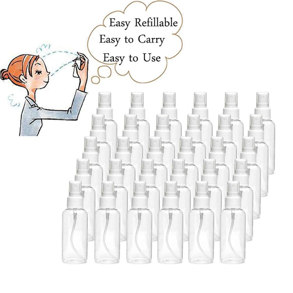 30-pack 30 ml (1 oz) fina dimspruta minisprayflaskor med pumpspraylock Refillbara återanvändbara tomma plastflaskor för eteriska oljor, resor, parfymer