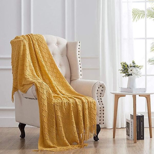 127x180cm Gult, 1 stk Strikket Sofateppe Liten Sofa Teppe, Mykt Fleece Teppe Strikket Teppe Pompom Aircondition Bil Teppe For Sofa,