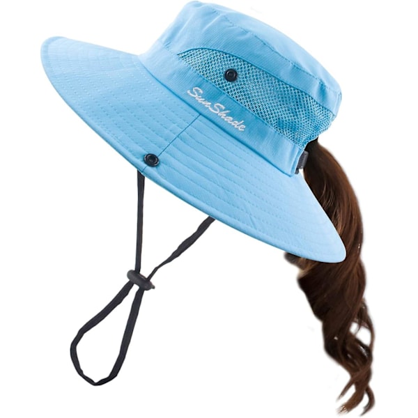 Ponytail Sun Hats for WomenWide Brim Summer Safari Beach HatOutdoor UV Protection Bucket Fishing Hat-Pure Sky Blue