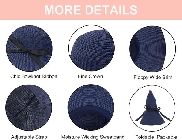 Dame Bred Solhatt av Halm med Bred Bremm, Floppy Foldable Roll Up Cap UPF 50+ Sommer Strandhatter
