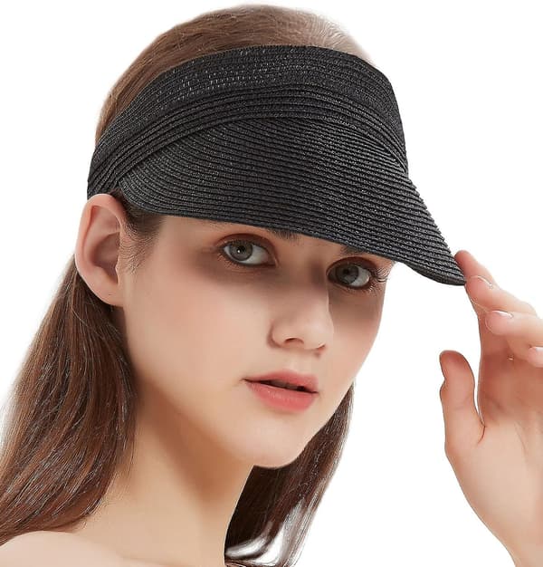 Kvindernes Roll Up Foldable Solhat Bred Skygge Halm Strand Cap Loop Lukning og Justerbar Golf Visor-Sort