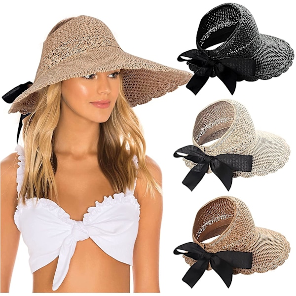 1 stk solhatt for kvinner sammenleggbar bredbremmet stråhatter solskjermer for kvinner sløyfe strandhatt sommer-khaki