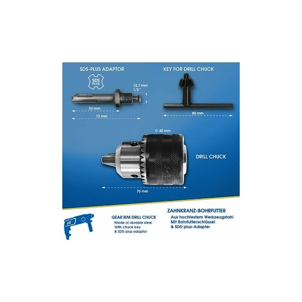 S&R Borrchuck 1,5-13 mm 1/2-20 UNF med sds plus adapter och chucknyckel