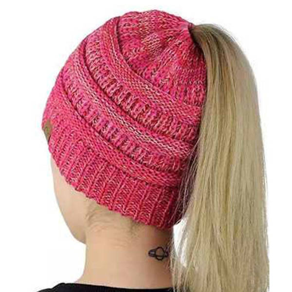 1 st Ponytail Messy Bun Tail Kvinnors Solid Ribbad Mössa Cap Tom Hat Stickad Ullmössa（röd）