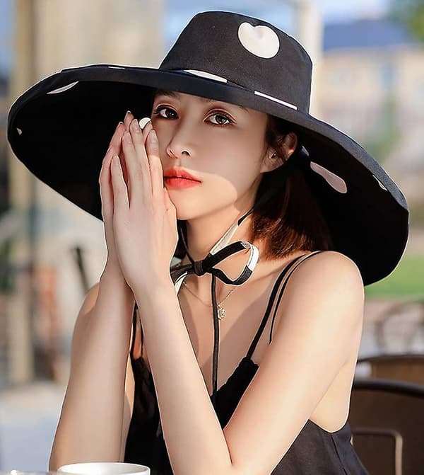 Dame Solhat Bred Skygge UPF 50+ Sommerhat Foldbar Floppy Strandhat til Kvinder-sort