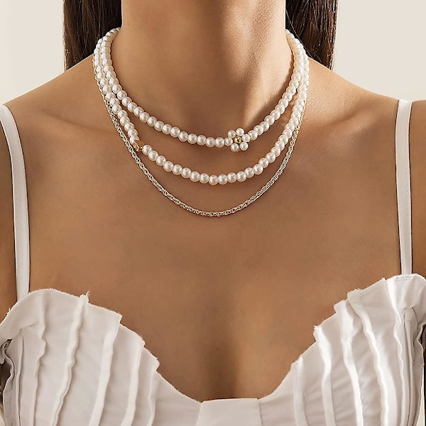 Flerlags Boho Faux Pearl Bead Hjerteformet Bead Choker Halskjede for Kvinner Tenåringsjenter Kutt Taukjede Enkle Søte Tilbehør