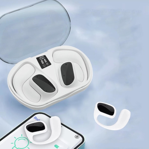 Bluetooth 5.3-hörlurar, äkta trådlösa hörlurar med mikrofon, knappkontroll, brusreducering, öronkrokar, headset 20240531 (vit)