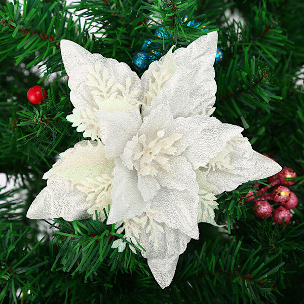 12 glittrande julblommor, 15 cm, för julgran, julgransdekoration, färg: vit