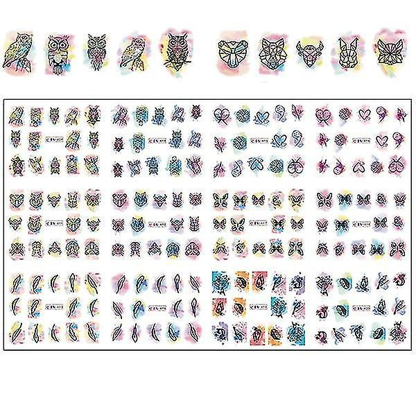 BN409 420 12 st Nail Art Slider-överföringsvattendekaler Svart geometriska bokstäver Nagel