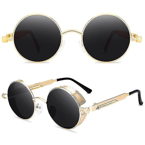 Aikuisten Steampunk-pyöreät aurinkolasit Vintage Retro Circle Cyberpunk -lasit (kultaiset kehykset, harmaat linssit)