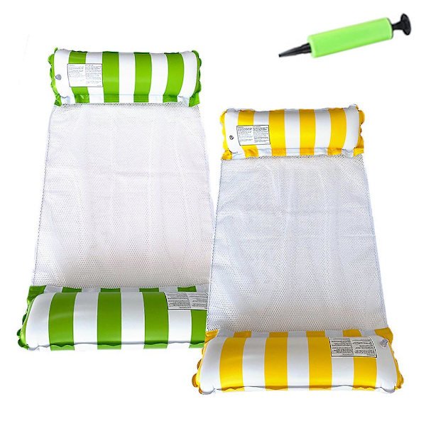 2-pack uppblåsbara poolflottörer i hängmattestil, mångsidiga pooltillbehör, som vattenlounge, hängmatta, sadel, drivning, vattenhängmatta (grön gul)