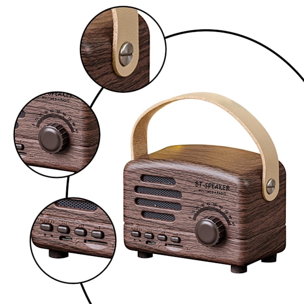Bärbar retro Bluetooth-högtalare nostalgisk plugin trådlös ljud FM-radio uppgradering lång Bluetooth-högtalare med handtag（Brun）