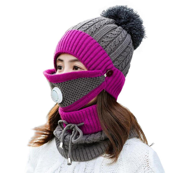 Mörkgrå vinterhalsduk mask set med andningsventil förtjockad stickad mössa cai1153