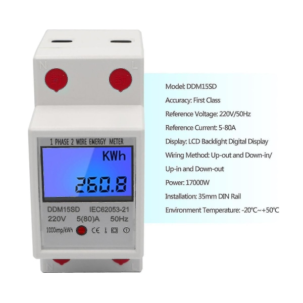 Enkeltfaset Din-skinne energimåler 5-80a 220v 50hz elektronisk Kwh-måler med LCD-baggrundsbelyst digitalt display Ddm15sd