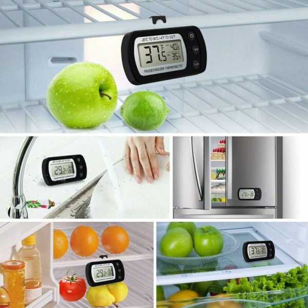 Digital kylskåpstermometer, vattentät frys termometer med krok Lätt att läsa LCD-skärm Max/Min inspelningsfunktion - 2-pack