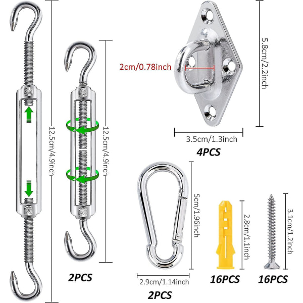 Solseil skygge seil feste sett, M5 Heavy Duty Markise feste 304 Rustfritt stål maskinvare tilbehør for hage gård camping firkant og trekant