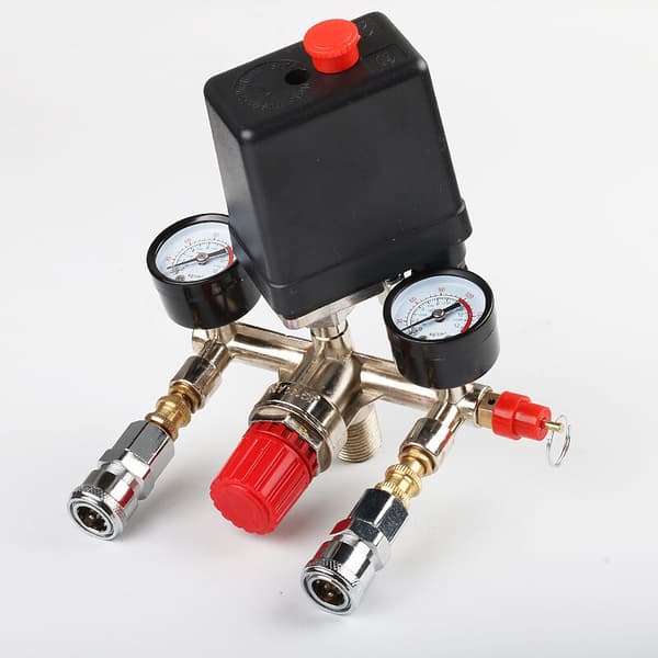 Luftkompressor Tryckströmbrytare Grenrör Regulator Metrisk 175PSI Justerbar Dubbelutlopp Rör Kontrollventil
