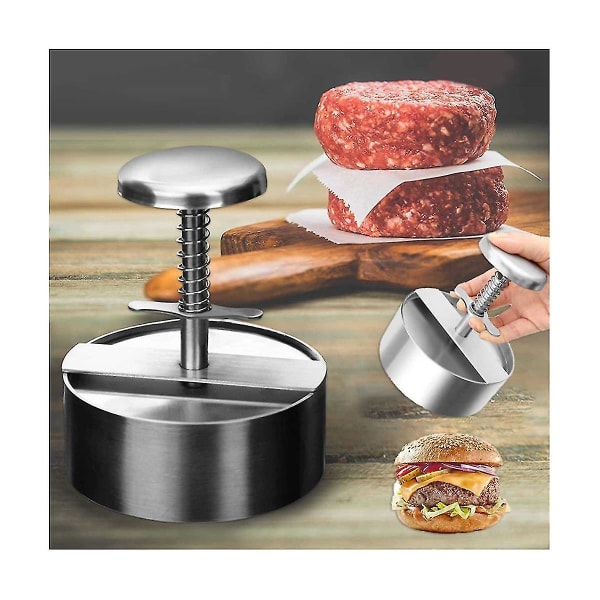 Hamburger Patty Maker Press 304 Rustfrit Stål Non-stick Rund Manuel Risbold Form Tykkelse Adj（Sølv）