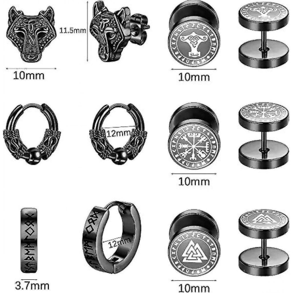 6 par rostfritt stål Viking Hoop örhängen, retro mode örhängen för män -ys