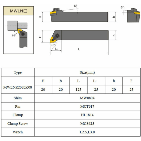 MWLNR2020K08 20 mm svarvverktygshållare set + 10 WNMG0804 hårdmetallskär + 2 nycklar