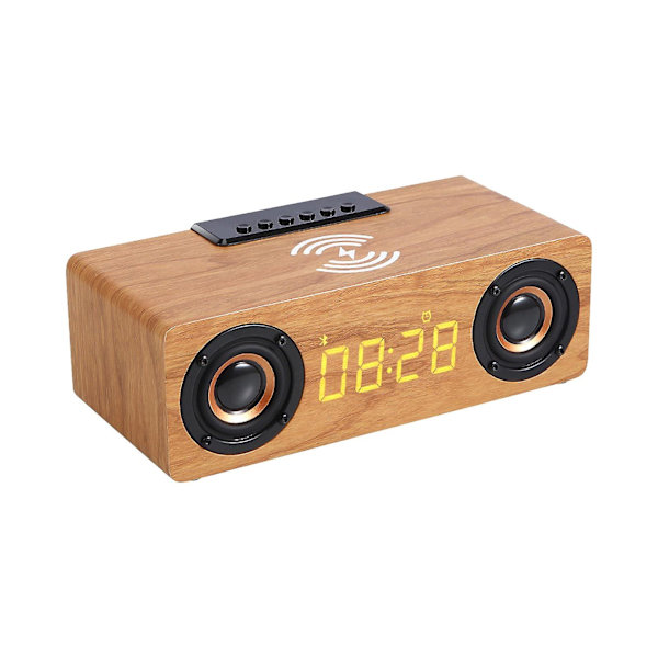 Trådlös Bluetooth-högtalare i trä med multifunktionell klocka, väckarklocka, U-disk, plugin-kort, litet ljud, kraftfull subwoofer, FM (brun)