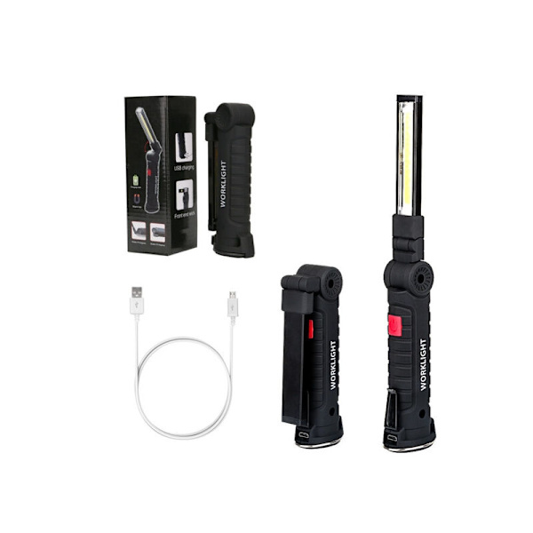 LED-ficklampa, USB-laddningsbar LED-arbetslampa, magnetisk COB-kroklykta för utomhuscamping, bilreparation, stor