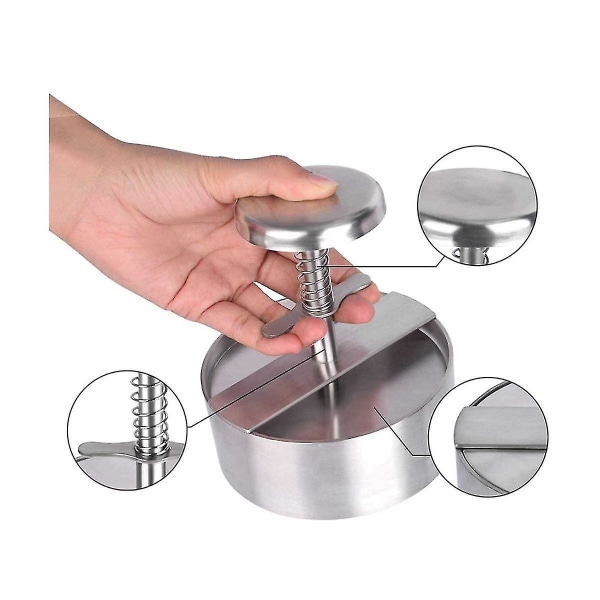 Hamburger Patty Maker Press 304 Rustfrit Stål Non-stick Rund Manuel Risbold Form Tykkelse Adj（Sølv）