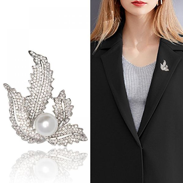 Tjeckisk diamantbrosch med pärlblad för kvinnors klädtillbehör kragepin. (silver)