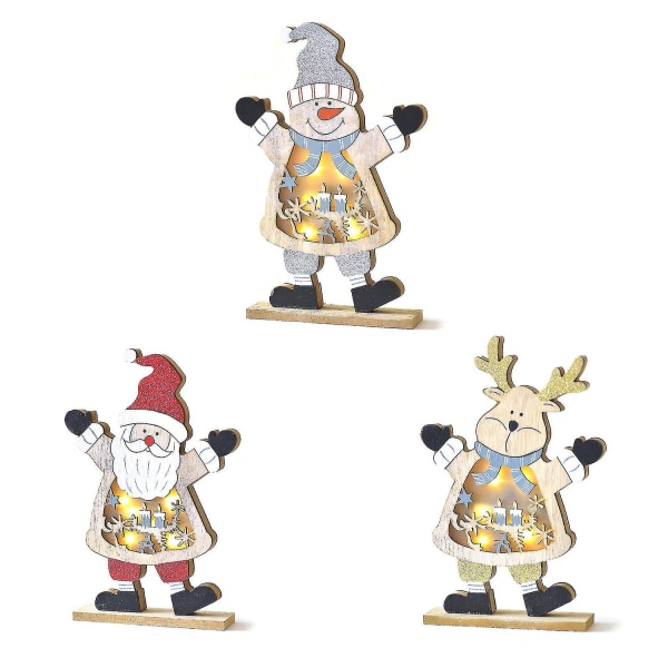 Led Wooden Julenisse Snømann Reinsdyr Xmas Hjem Innendørs Borddekorasjoner Ornamenter Midtpunkt