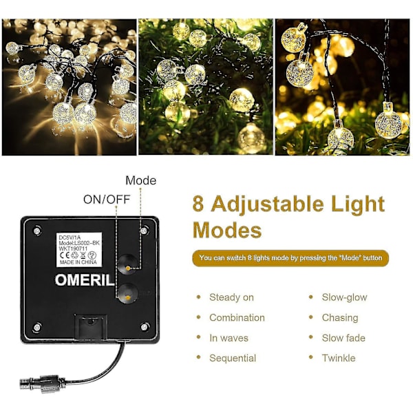 Solcellslingor, ljusslingor 50 LED-kristallkulor IP65 vattentäta