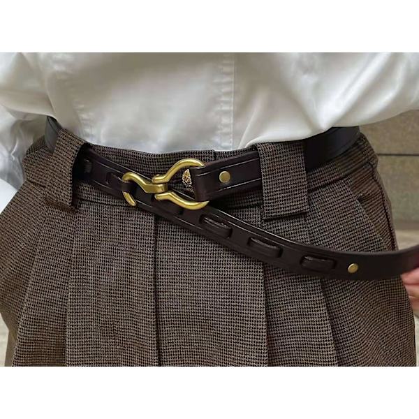 Bälte dam tunt bälte retro handgjort äkta läder midjekedja spänne läder（90cm (genomsnittlig storlek)，Brun）
