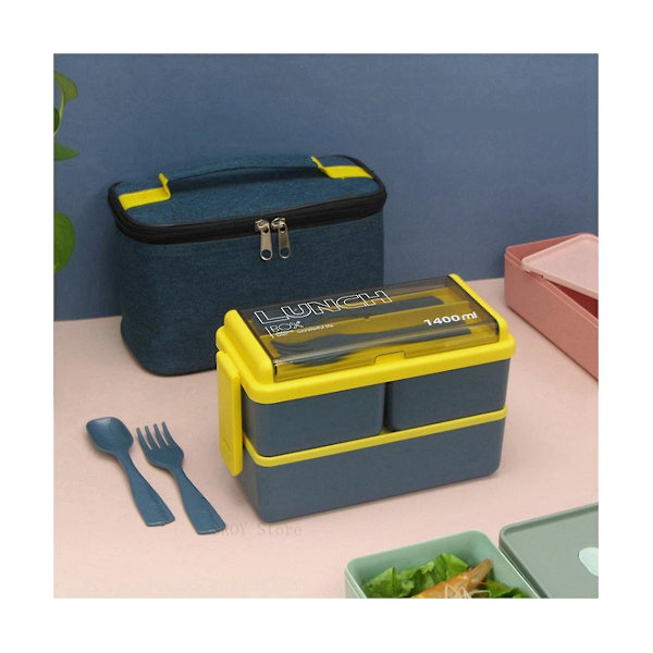 Dubbelskiktad bärbar lunchlåda med gaffel och sked Mikrovågsugn Bento-lådor Servis set Matförvaring