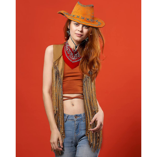 4 kpl Cowgirl- set, tupsut hapsut Eeveless Vest Cowboy Hat Saappaat Dangle Drop Korvakorut Paiey Cowboy Bandana (suuri)