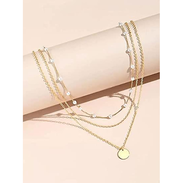 Lagdelt halskjede for kvinner, skive-sjarmsmykke, flerlags perler, myntkjede, delikat lagdelt choker-kjede, smykker